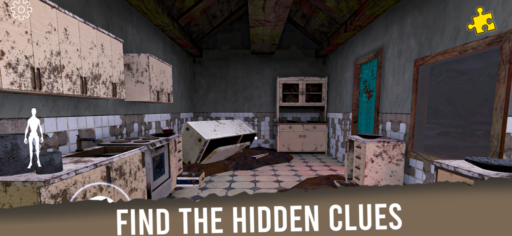 The curse of Emily:Horror Game - A creepy abandoned kitchen in The Curse of Emily horror game with the text Find the Hidden Clues.