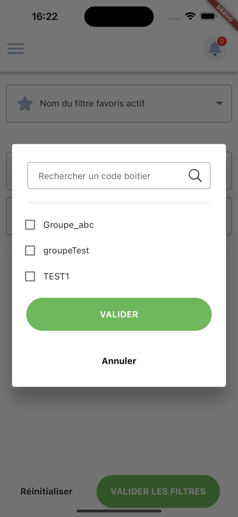 Écran de l'application Exdat montrant une fenêtre contextuelle de sélection de groupe de véhicules avec une barre de recherche et des cases à cocher.