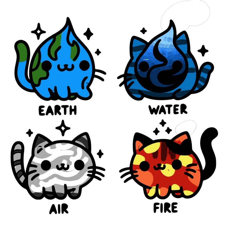 4 cats that represent the different elements, earth, water, air, and fire