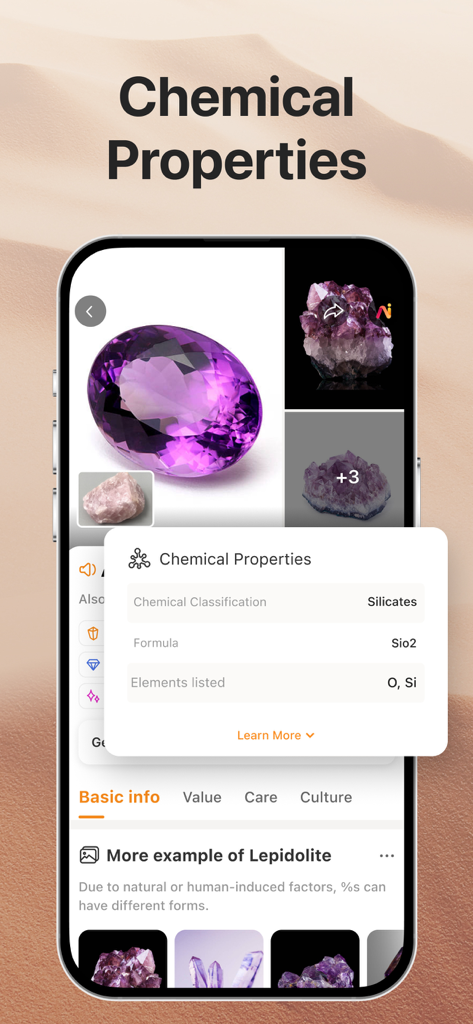 Rock Identifier: Stone ID - Interfaz de una aplicación móvil que muestra propiedades químicas detalladas, incluida la clasificación y la fórmula, para una piedra de cristal morado.
