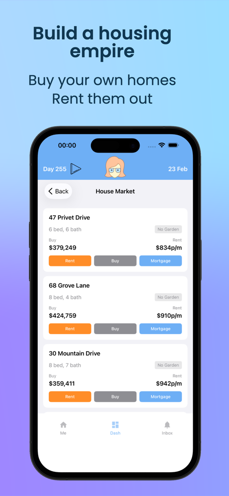 Life Sim game screen showing the house market interface for buying and renting properties