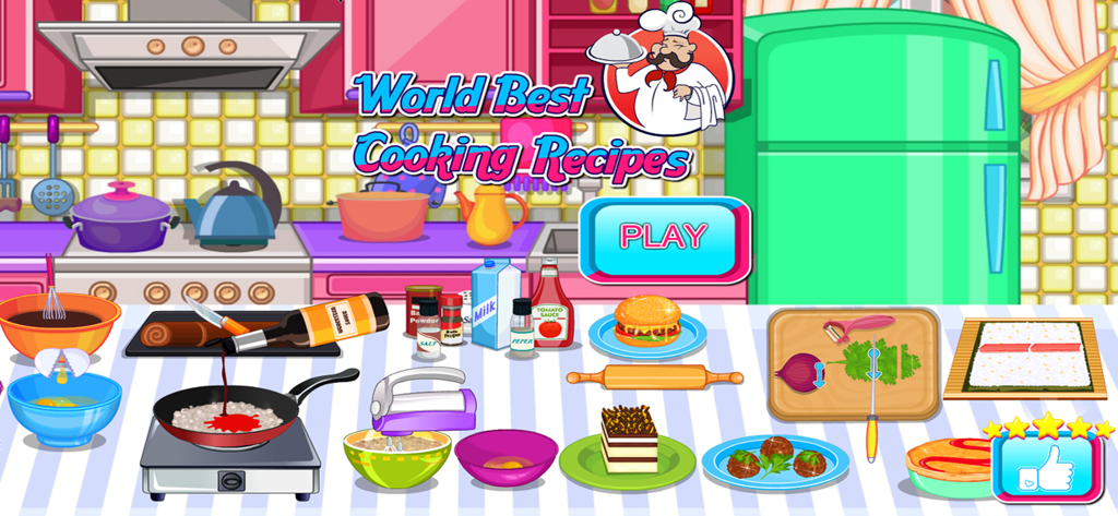 Main menu of World Best Cooking Recipes game showing a colorful cartoon kitchen with various international dishes and a play button