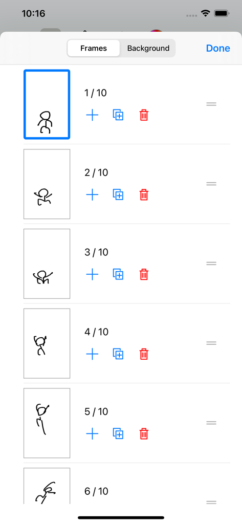Anime Maker - Bildschirm, der mehrere Animationsframes mit Strichmännchenzeichnungen in der Anime Maker App zeigt.
