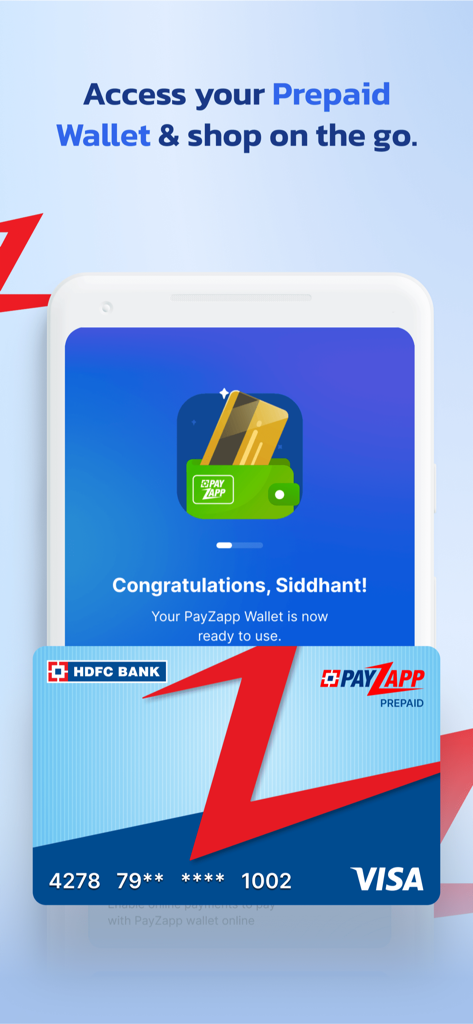 PayZapp app screen showing prepaid wallet activation and a Visa prepaid card graphic