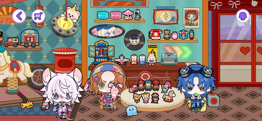 BUD Town - Tres personajes chibi en una habitación colorida y muy decorada con varios juguetes y muebles estéticos en BUD Town.