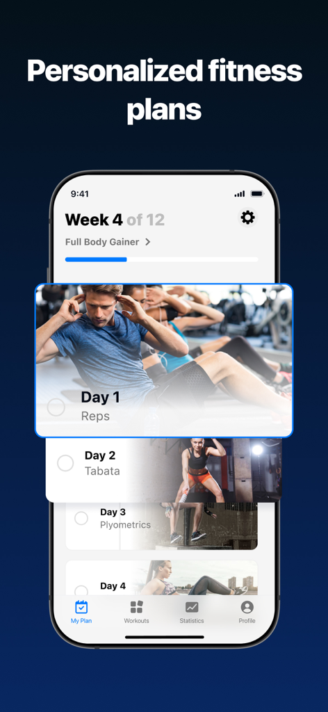 Fitify app interface displaying a 12-week personalized fitness plan with daily workouts