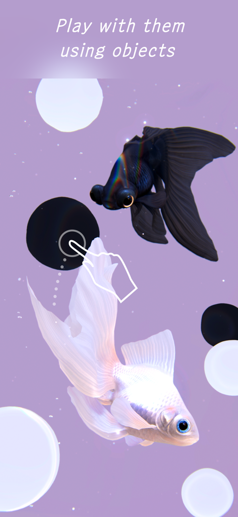 RYUKIN - A black and a white goldfish swimming in purple water with interactive floating objects and a touch icon