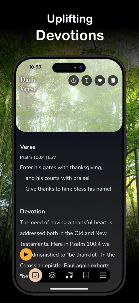Une interface d'application mobile affichant un verset biblique quotidien du Psaume 100 avec un arrière-plan de forêt sereine et un texte de méditation accompagnant.