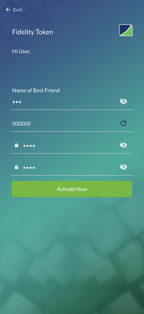 Fidelity Token - Fidelity Token app activation screen with security questions and activation button