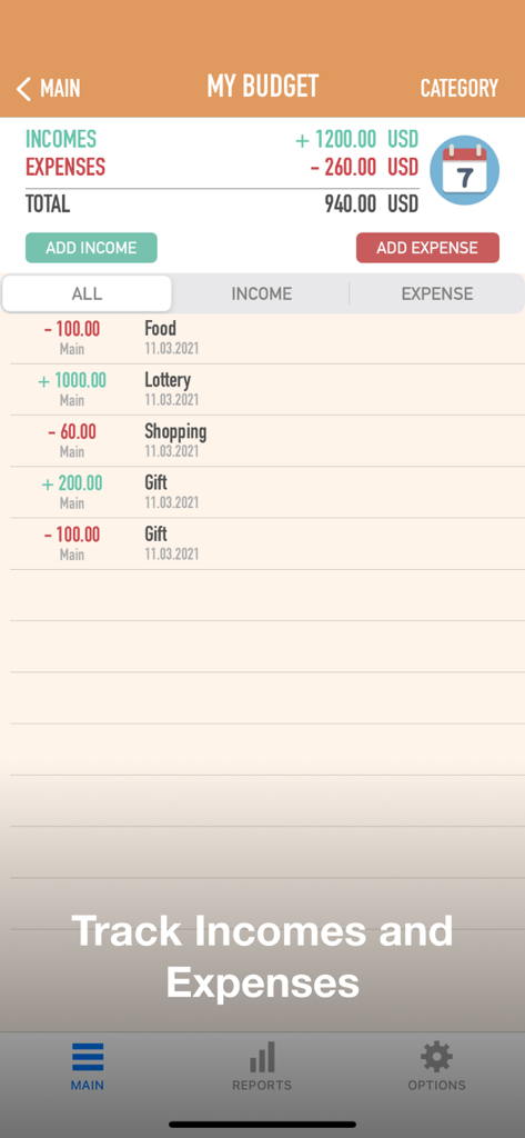 Personal Finance - Tracker - Mobile app screen showing a summary of monthly incomes, expenses, and a transaction log in USD