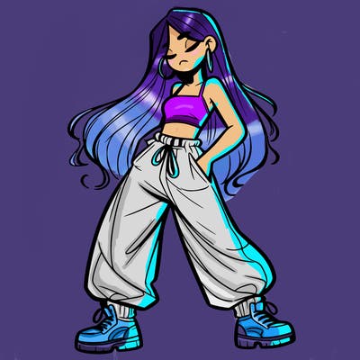 girl in baggy pants crop top and long hair