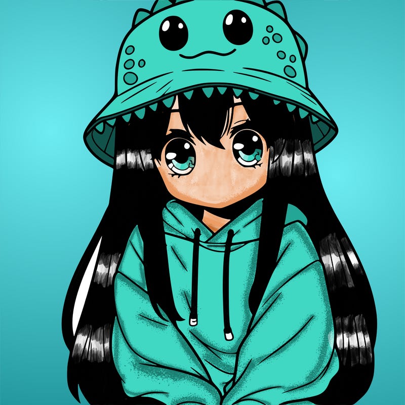 girl with anime shaped eyes with a dinosaur bucket hat oversized sweatshirt long straight hair