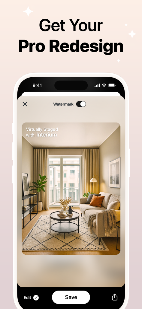 Interium - AI Home Design - Interium app interface showing a professionally staged modern living room redesign