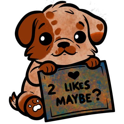 a puppy holding a sign that says 2 likes maybe?