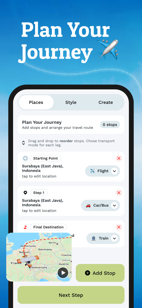 Interface of the Travel Animator app showing the Plan Your Journey screen with multiple stops and transportation modes including flight and train