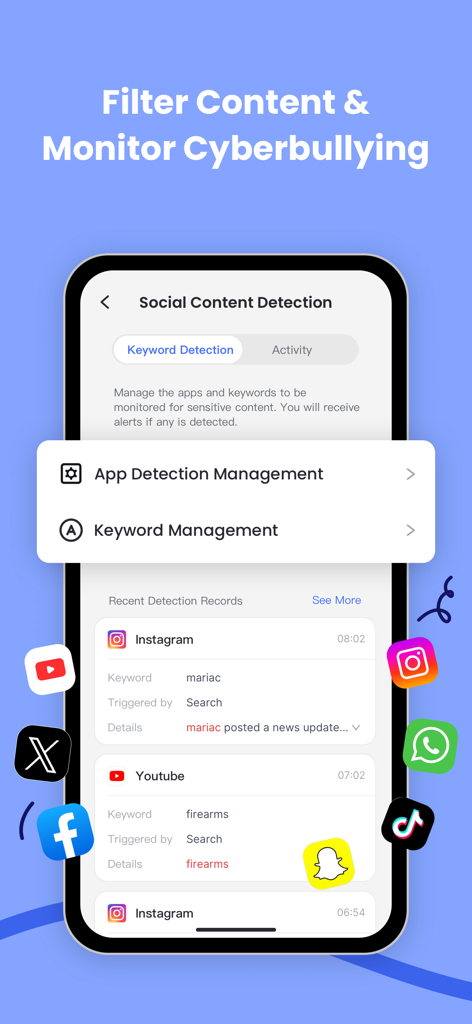 Parental Control App: AirDroid - AirDroid app screen displaying social content detection and keyword monitoring to prevent cyberbullying