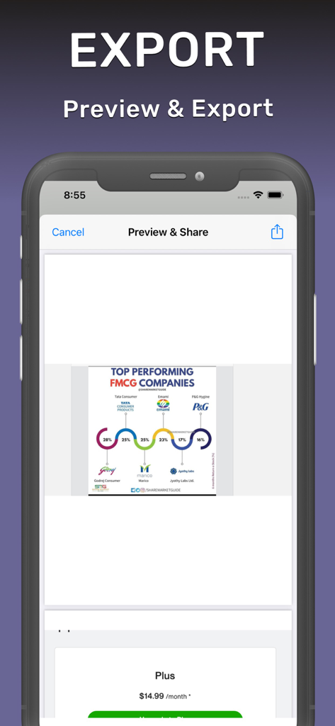 PDF Pages: Add, Delete, Export - PDFドキュメントのプレビューとエクスポートオプションを示すモバイルアプリ画面。