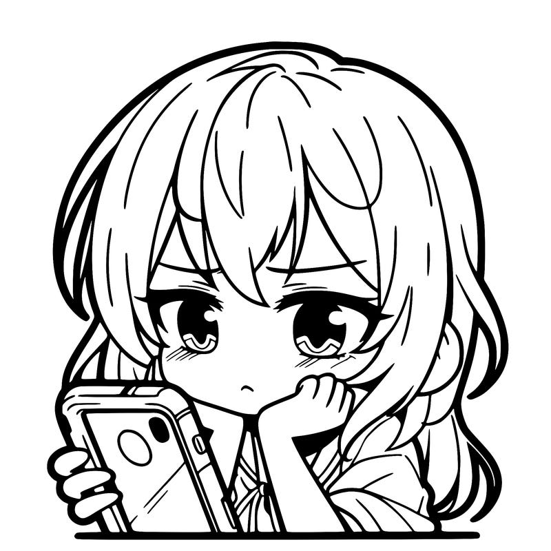 a anime girl looking down on her phone that's bored or ennui