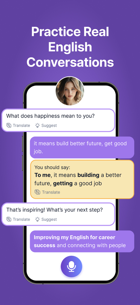 Speak & Learn English SpokziAI - Mobile app interface showing an English conversation with an AI tutor including real-time grammar feedback.