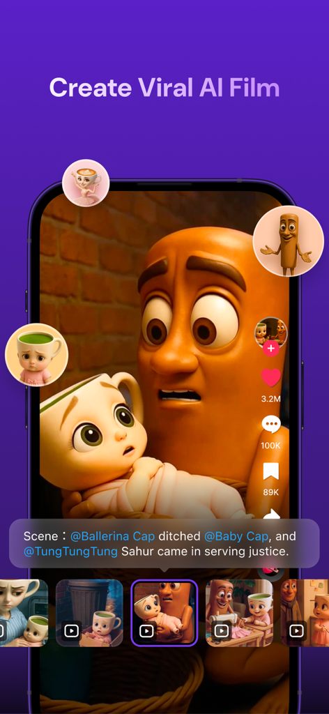 Interfaz de la app Zeemo mostrando una película animada generada por IA con métricas de alta interacción en redes sociales