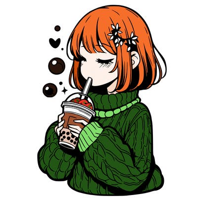 manga girl drinking boba in cozy sweater