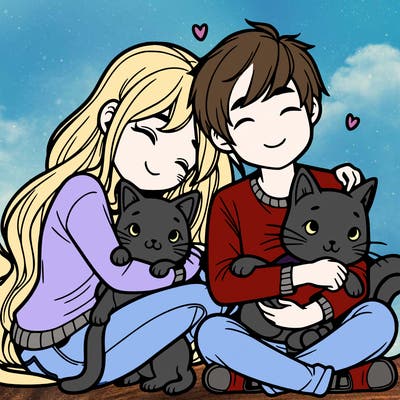 a couple hugging two cats