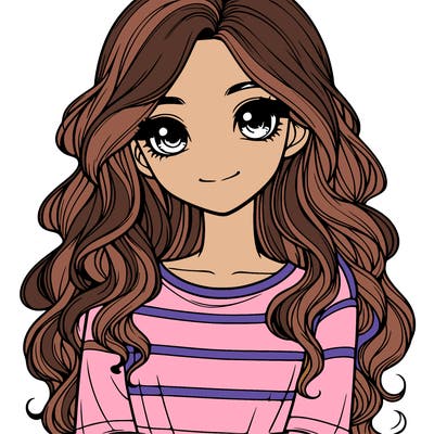 realistic girl with long, wavy hair and cute shirt