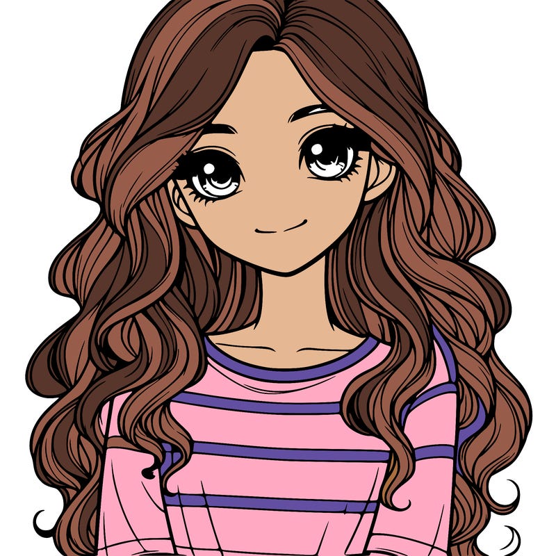 realistic girl with long, wavy hair and cute shirt