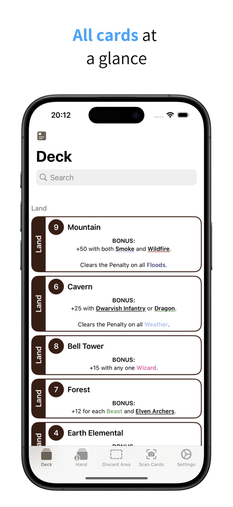 Fantasy Scoring - A mobile app screen displaying a library of Fantasy Realms cards with their specific point values and bonuses.