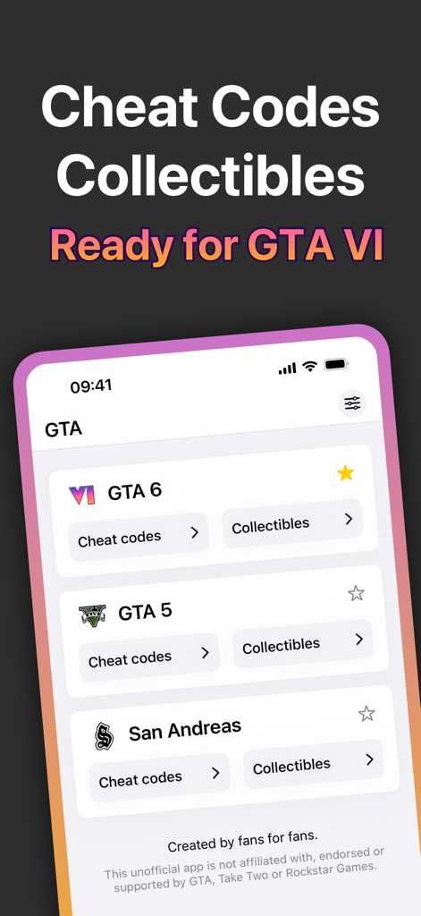 Main menu of the Cheats and Collectibles app for GTA 6 showing cheat codes and collectibles options for various GTA games