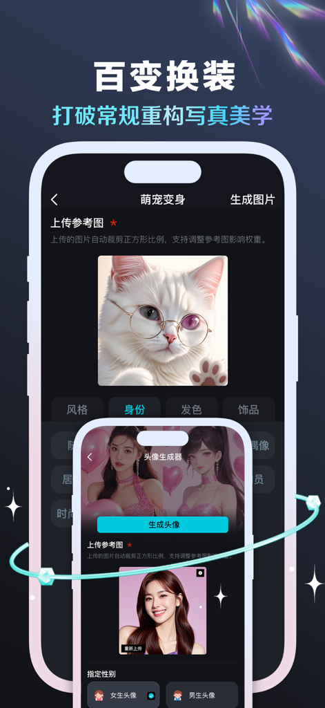 集梦Ai - 智能图像制作工具 - Jimeng AI mobile app interface showing pet image transformation and custom avatar generation features