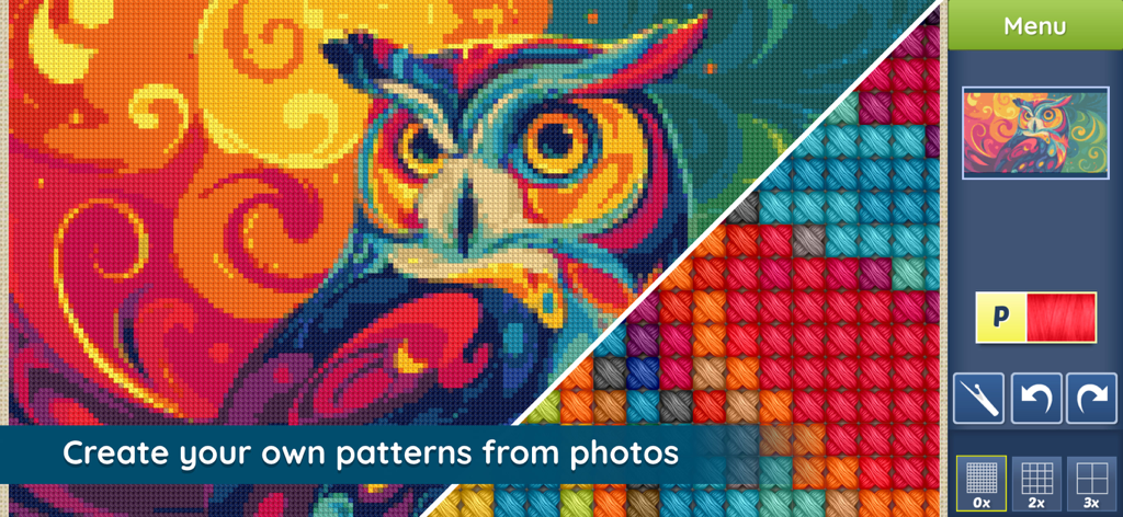 Cross-Stitch World - Colorful owl cross-stitch design with a tool to create custom patterns from photos