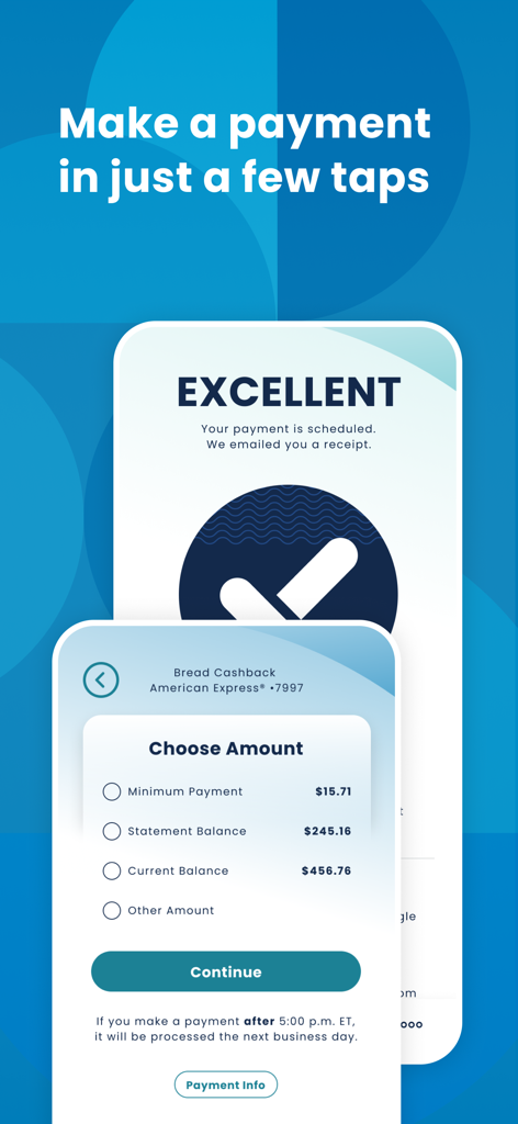 Oberfläche der Bread Financial App mit Auswahlmöglichkeiten für Zahlungen und einer Bestätigungsanzeige für erfolgreiche Zahlungen.