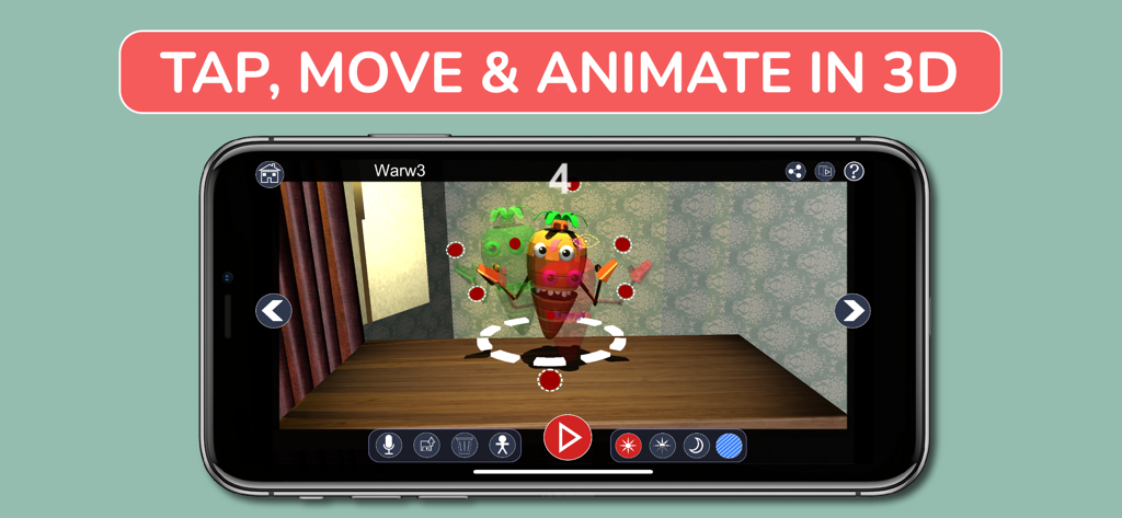 Animate Me 3D - Animate Me 3D app interface showing a 3D carrot character being animated with red control points on a stage.
