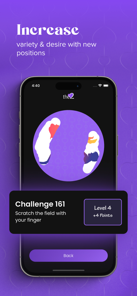 the2: Couple Games for Adults - Interfaz de la aplicación the2 que muestra un desafío gamificado para rascar para que las parejas exploren nuevas posiciones