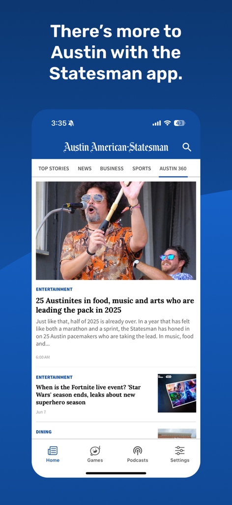 Screenshot della schermata principale dell'app di notizie Austin American-Statesman con titoli di intrattenimento e notizie locali.
