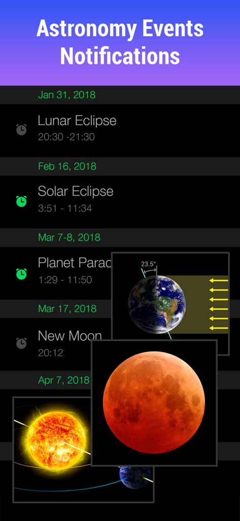 Star Walkアプリの天体イベントカレンダーと通知画面（月食や日食の日付を表示）。
