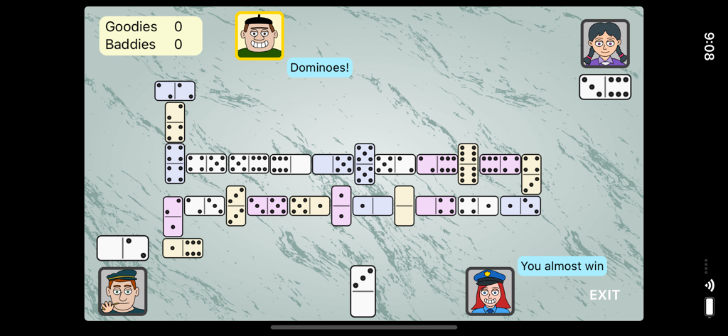Partnership Dominoes - Gameplay screen of Partnership Dominoes showing a match in progress with cartoon avatars and tiles on a marble background