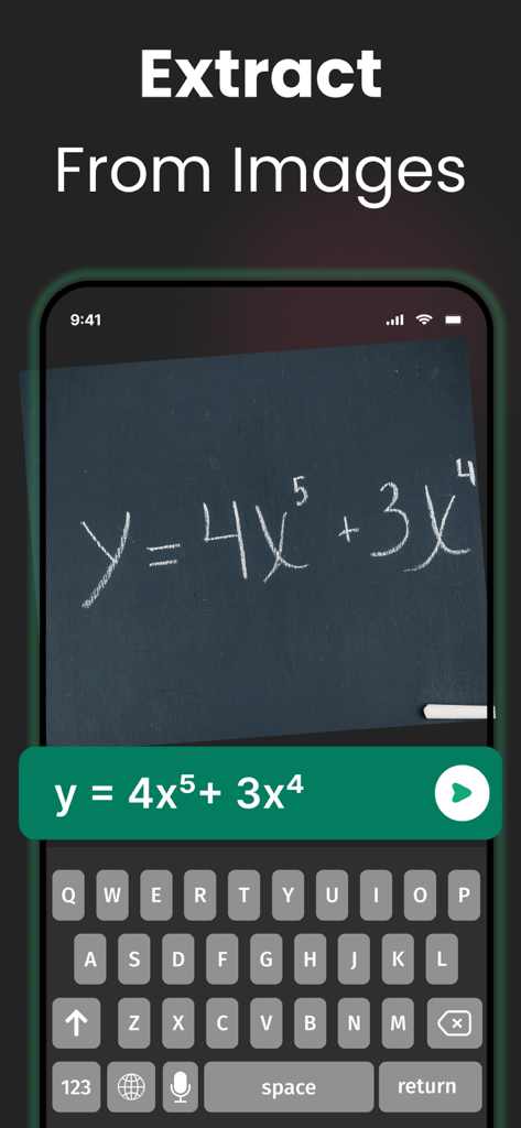 AI Chatbot app extracting a handwritten math equation from an image of a chalkboard