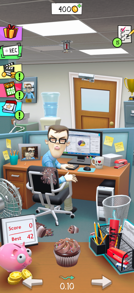 A chocolate cupcake aimed at an annoying coworker in his office cubicle within the Office Jerk game.