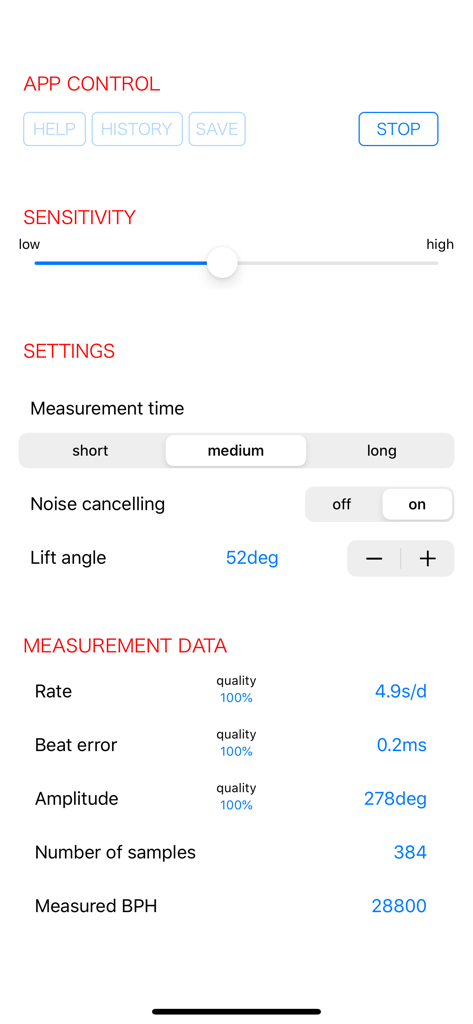 Interfaz de la aplicación Watch Tuner mostrando datos de medición de precisión de marcha, error de batimiento y amplitud de reloj mecánico