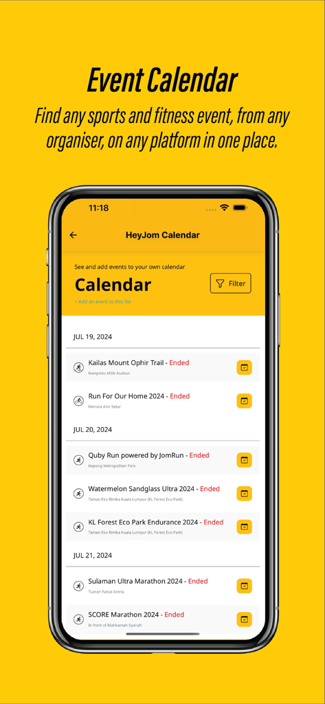 Interface do calendário de eventos da app móvel HeyJom mostrando uma lista de eventos desportivos e de fitness organizados por data