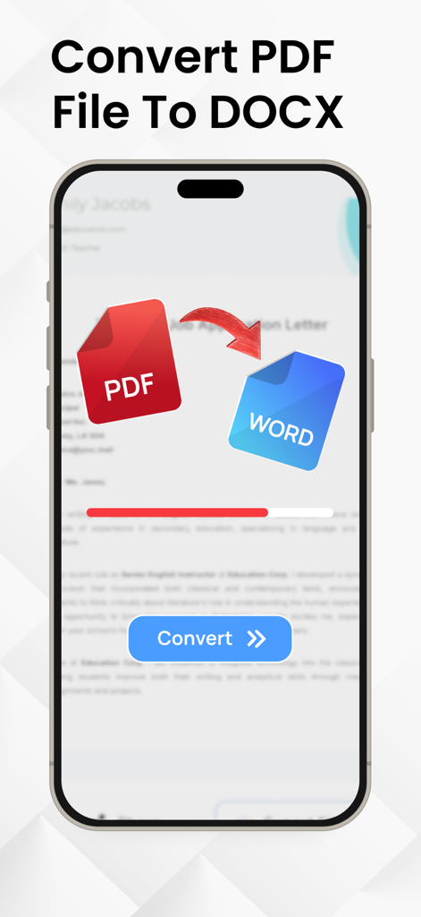 iPhoneの画面。PDFファイルがWord文書に変換される様子が、進行状況バーと変換ボタンとともに表示されています。