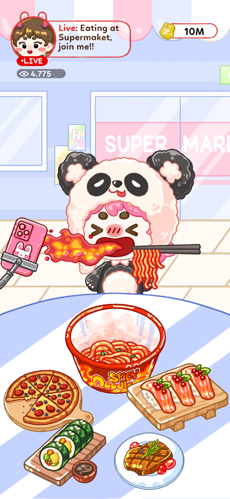 A cute character in a panda hoodie eating spicy noodles during a virtual Mukbang livestream with fire coming out of her mouth.