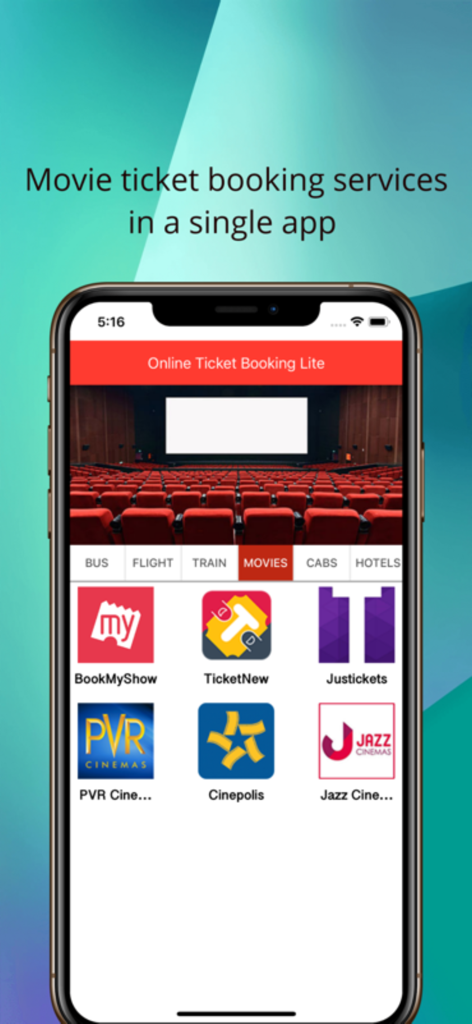 Online Ticket Booking Lite - BookMyShowやPVRシネマズなど、複数のインド映画予約サービスを表示するモバイルアプリのインターフェース。