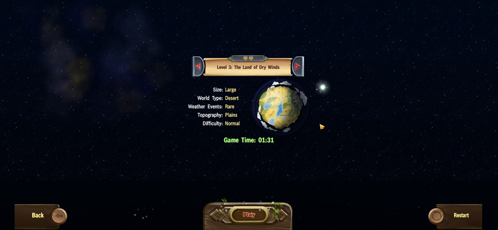 Craft The World-Pocket Edition - Level 3 information screen showing The Land of Dry Winds world statistics and a desert globe in space.