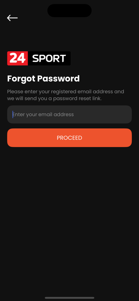 Forgot password screen for the 24 Sport app