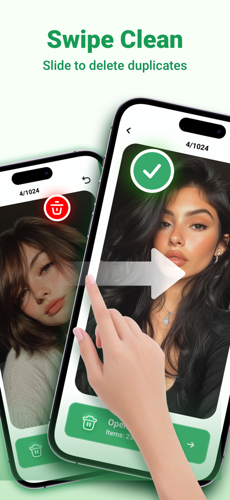 Smart Cleaner - Pro Security - Pantalla de la aplicación de iPhone que muestra cómo deslizar para eliminar fotos duplicadas de la galería