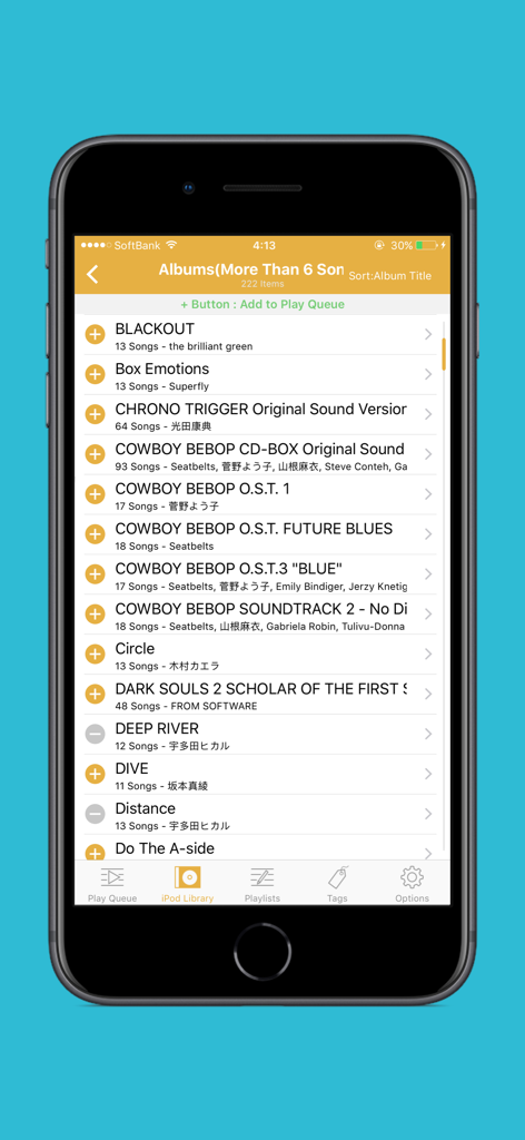 Rabbit Player - Captura de tela do aplicativo de música Rabbit Player mostrando uma lista de álbuns da biblioteca local do iPod em um iPhone