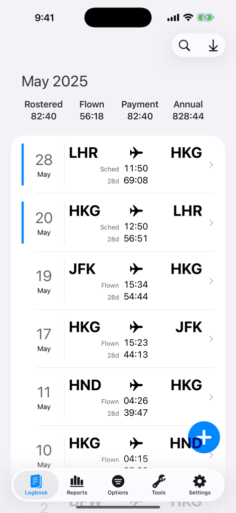 Aircrew Logbook - Lista del historial de vuelos mensuales en la aplicación Aircrew Logbook que muestra rutas de vuelo, duraciones y estadísticas de servicio del piloto.